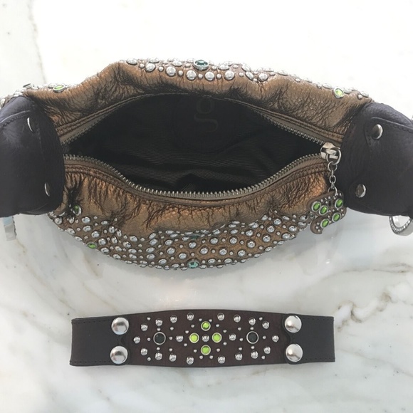 G SERIES BRONZE LEATHER CRYSTAL EMBELLISHED STUD CLUTCH BAG - Picture 13 of 16